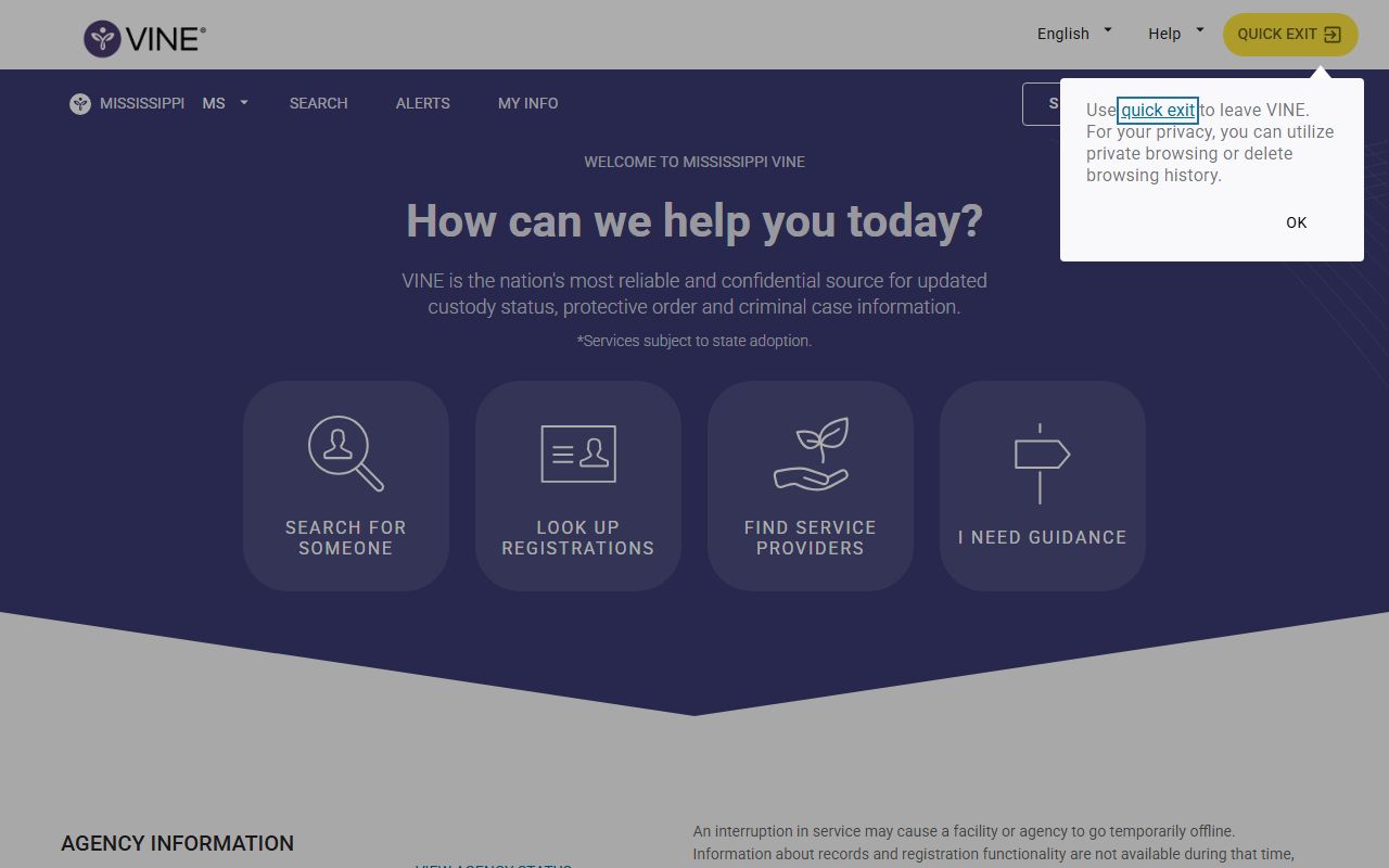 Mississippi VINELink portal for Panola County custody notification searches