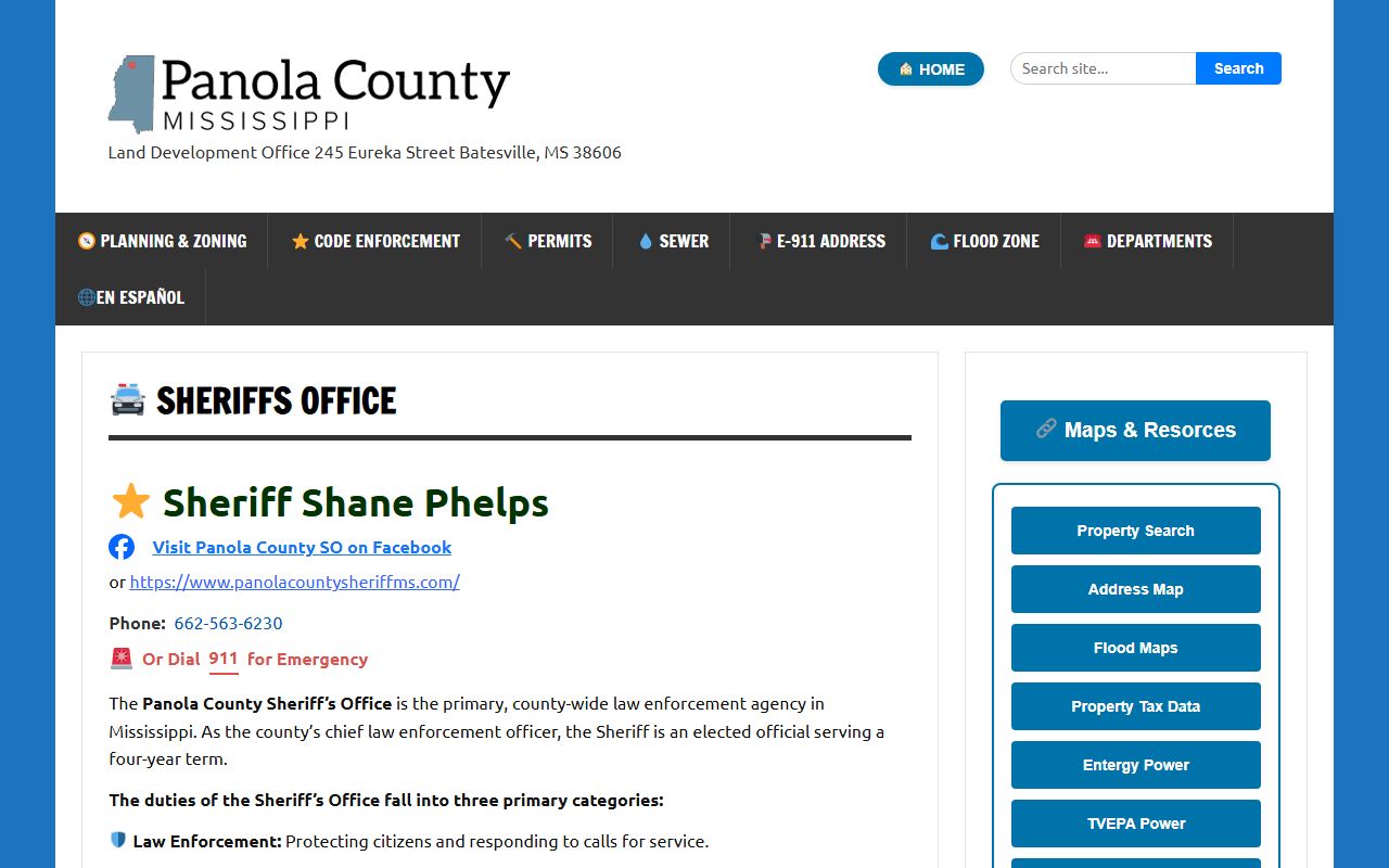 Panola County Jail sheriff page explaining county jail records and custody duties