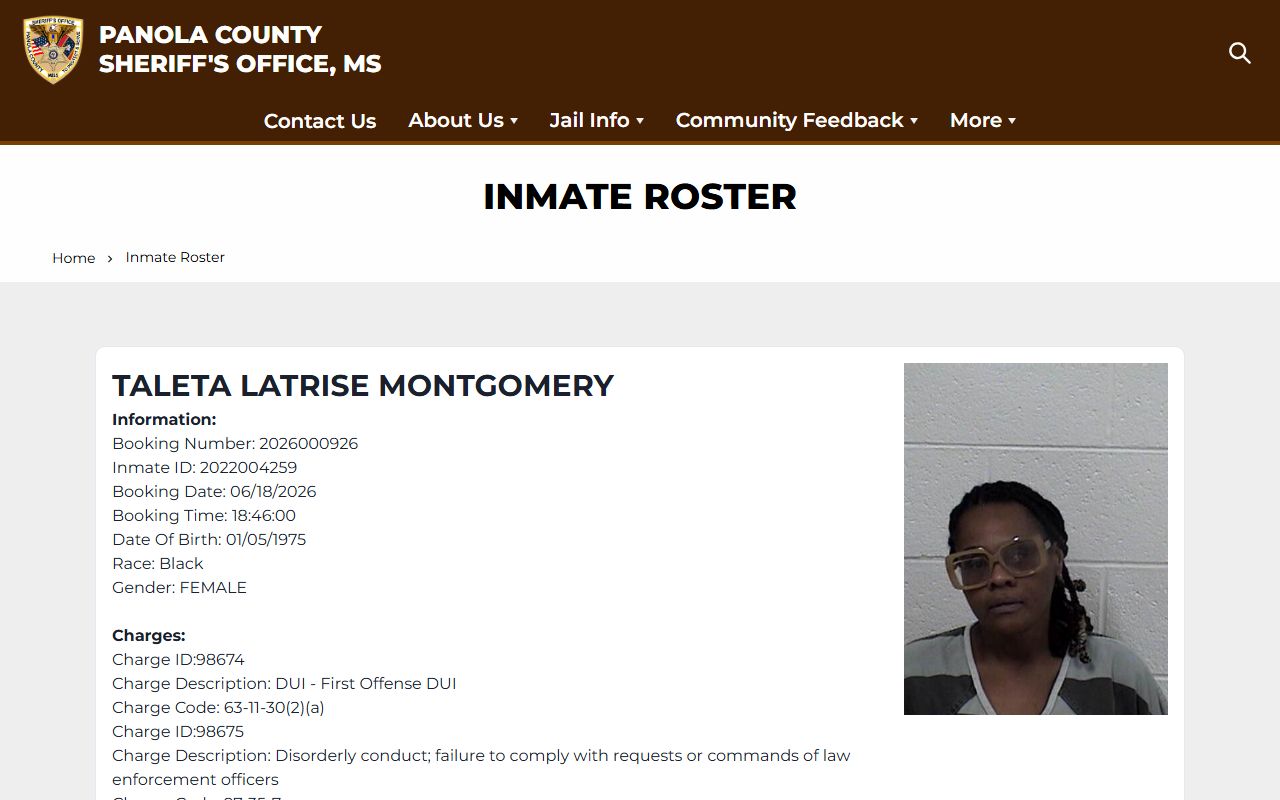Panola County inmate roster interface for current inmate lookup